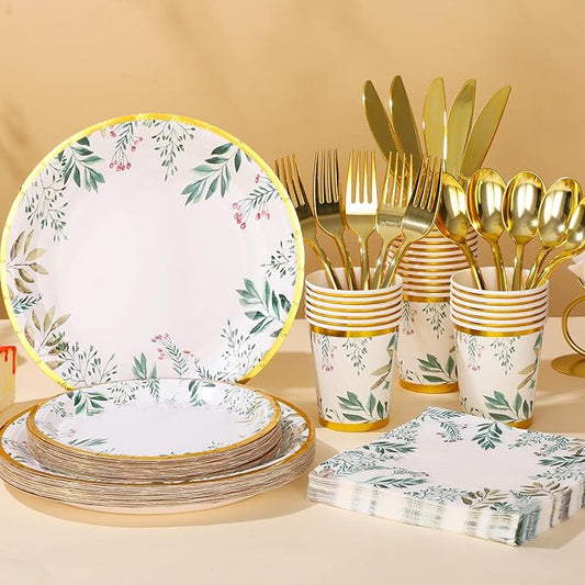 Sage Green Party Plates and Cups and Napkins Sets,Green Paper Plates Party Supplies Include Green Plates Napkin Cup Plastic Spoon Fork Knive for Baby Shower,Engagement Party Decorations,Serves 24
