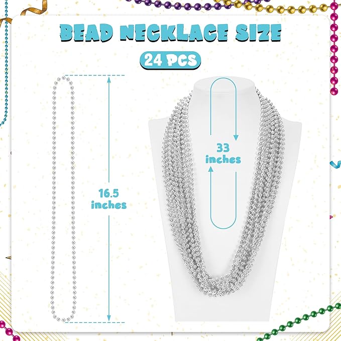 24 PCS Silver Beads Necklaces, Metallic Christmas Beaded Necklaces, 33" Round Xmas Beaded Mardi Gras, Parade Throw Accessories for Festive Event Carnival Party Supplies Masquerade