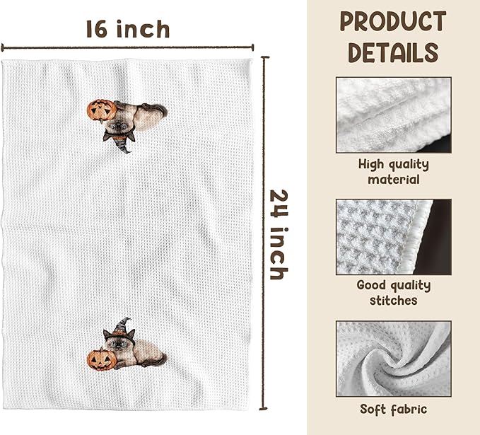 TNUW Halloween Witchy Siamese Cat Pumpkin Kitchen Towels 16x24 Inch, Siamese Cat Gifts Dish Tea Towels for Kitchen, Halloween Witch Kitten Spooky Pumpkin Decorative Hand Towel for Bathroom Decor