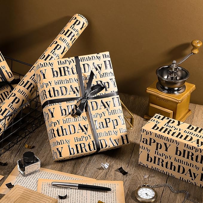 WRAPAHOLIC 3D Kraft Birthday Wrapping Paper Roll - Mini Roll - 17 Inch x 16.5 Feet - Black and Brown Happy Birthday Lettering Design with Embossed Perfect for Holiday, Party Celebration