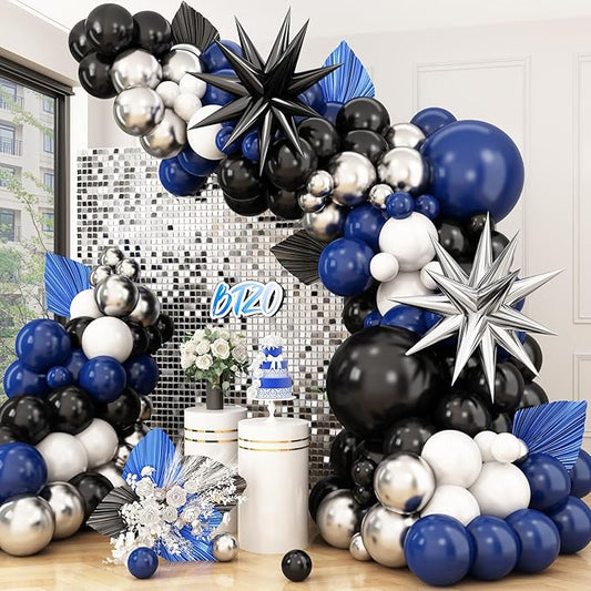 Navy Blue Black Balloon Arch Kit,Balloon Garland with Star Foil Balloons Metallic Sliver White Dark Blue Latex Balloons for Boys Birthday Baby Shower Party Decorations
