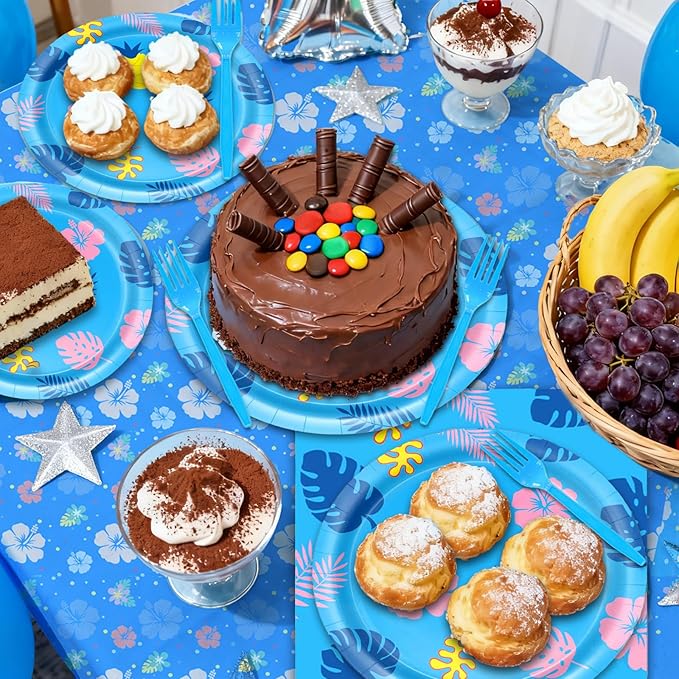 96 Pcs Hawaii Birthday Decorations Blue Hawaii Theme Party Decorations Set Serves 16 - Paper Plates and Napkins,Banners,Balloons,Tablecloths for Baby Shower,Boys Birthday Party Supplies