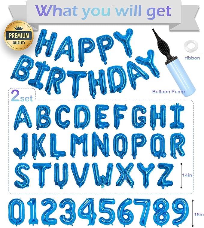 76pcs Happy Birthday Balloon Banner, Blue Balloons Letters, Personalized 16" Mylar Foil Birthday Decorations includes 2 Sets A- Z, 1 set Number 0-9 and "HAPPY BIRTHDAY" letters (with Balloon Pump)