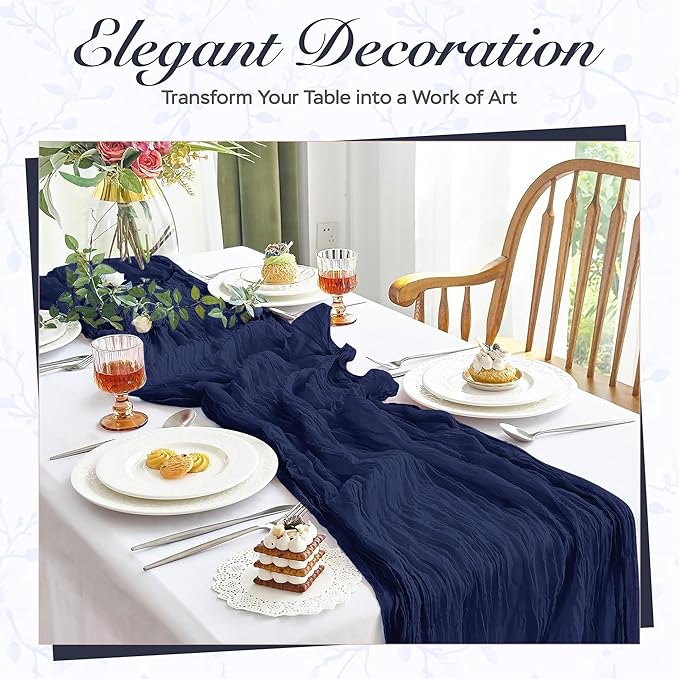 Cheesecloth Table Runner 3 Pack – 35x120 Inch (10ft) Boho Rustic Gauze Cloth Runners – Crinkle Polyester Table Decor for Wedding, Baby Shower, Bridal Shower, Birthday Party and More (Navy Blue)