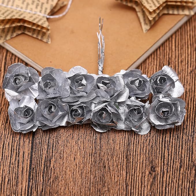144pcs Mulberry Paper Mini Roses Artificial Flowers Heads with Stems for DIY Crafts Accessories Make Bridal Hair Clips Headbands Dress Wedding Bridal Bouquets Party Home Decor Valentine's (Silver)