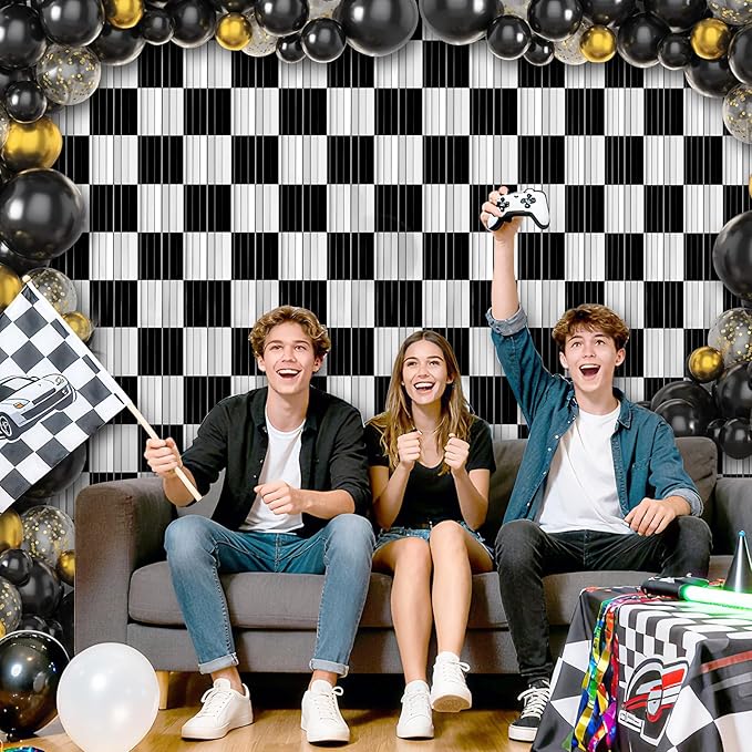 Crosize 3 Pack 3.3 x 9.9 ft Black & White Foil Fringe Curtains Party Decorations, Black & White Tinsel Curtain Backdrop for Parties, Door Streamers, Glitter Streamer Backdrop for Birthday Decoration