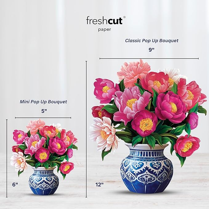 Freshcut Paper Pop Up Cards, Mini Peony Paradise, 6 Inch Mini Sized Forever Flower Bouquet 3D Popup Greeting Cards, Birthday Cards, Thank You Card, Blank Notecard & Envelope