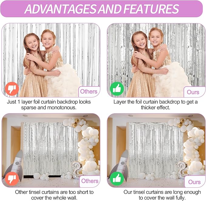 Crosize 3 Pack 3.3 x 9.9 ft Silver Foil Fringe Backdrop Curtain, Streamer Backdrop Curtains, Streamers Birthday Metallic Paper Party Decorations, Tinsel Curtain for Parties, Photo Booth Backdrops