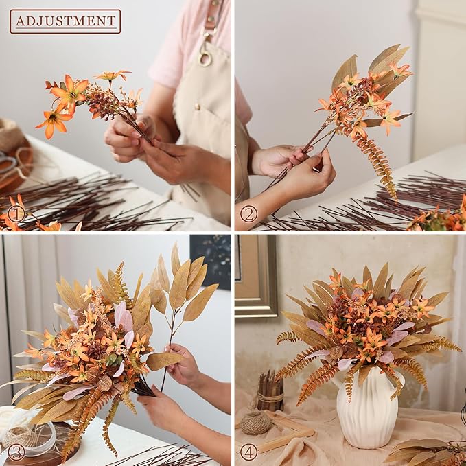 Artificial Greenery Stems Box Set for Fall Decor (Pack of 70pcs) with 8 Kinds of Faux Plants and Fake Flowers for Autumn DIY Wedding Bouquet Table Centerpieces and Floral Arrangement (Brown & Orange)