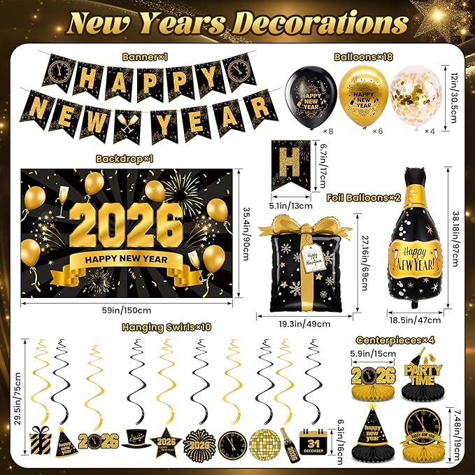New Years Eve Party Supplies 2026-46 PCS Happy New Years Decorations-Party Favors Includes Banner, Backdrop, Balloons, Centerpieces, Hanging Swirls Nye Decorations 2026