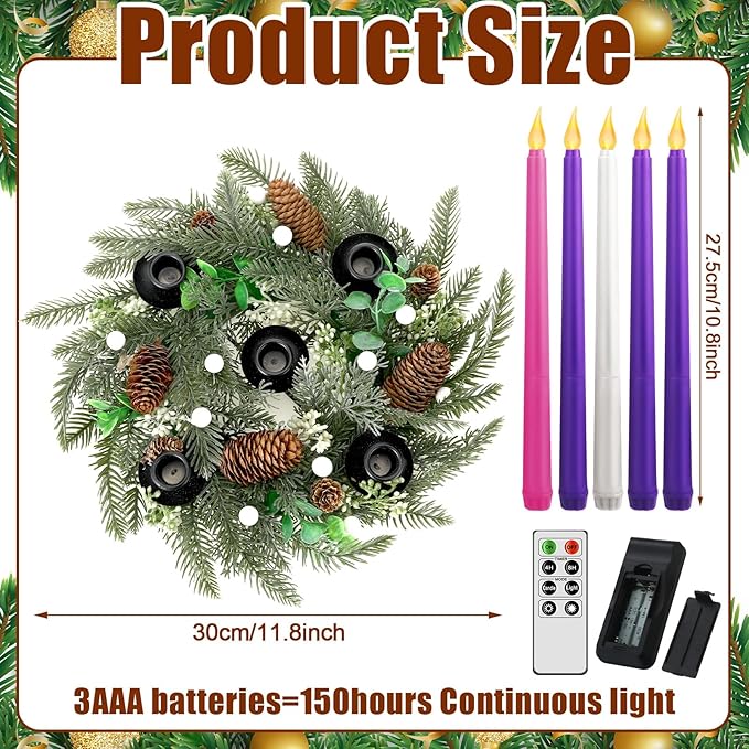 Tioncy 12 Inch Christmas Advent Wreath Candle Holder with 5 Flameless Candles Remote Control Wreaths Holder Centerpiece Decoration with Berries (White Berries,11 x 0.8 x 0.8 in)