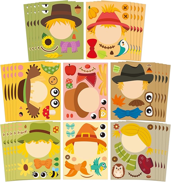 CY2SIDE Fall Scarecrow Sticker Sheets - 40PCS Autumn Harvest Make a Face Sticker Games for Kids School Rewards Make Your Own Scarecrow Decals Fall Thanksgiving DIY Party Favors Art Project