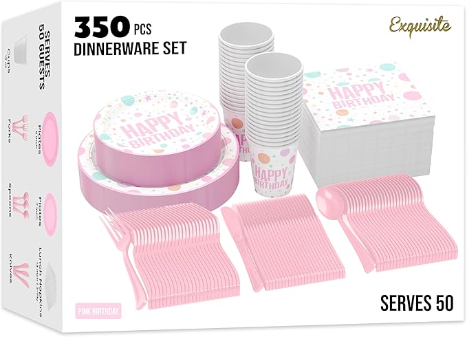 Exquisite 350 Pieces Happy Birthday Plates and Napkins Set, Paper Plates for Party Supplies, 50 Of Each 9" Dinner, 7" Dessert, Cups, Napkins & Cutlery Plastic Dinnerware Set Blue Birthday Decorations
