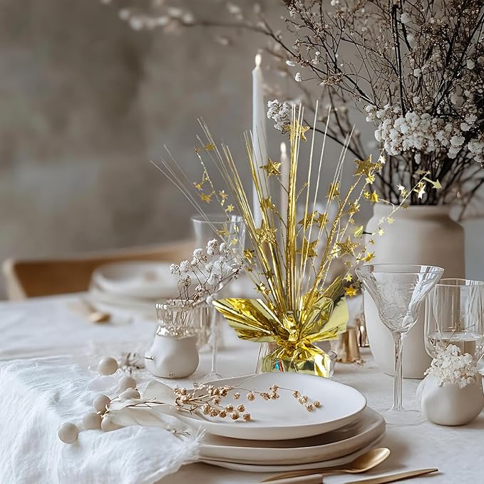 12 Pack Metallic Gold Foil Spray Centerpieces Stars Brust Table Centerpieces for Wedding Birthday Anniversary Holiday Party Decor, Metallic Star Balloon Wights for Party, Table Decor for Party
