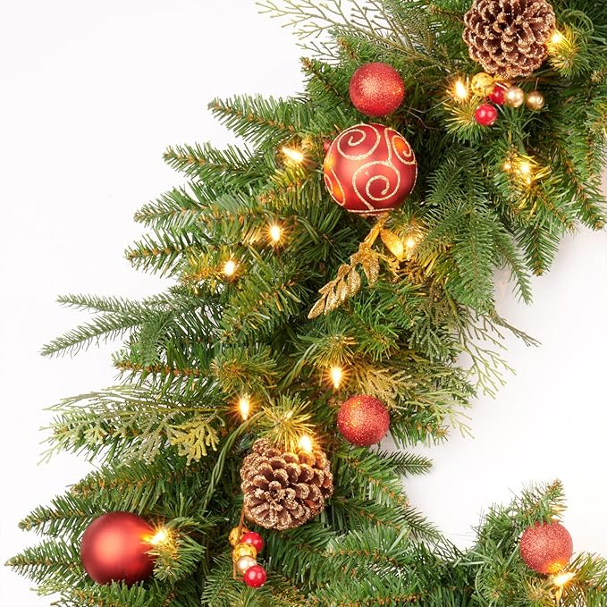 9FT Red Gold Christmas Garland Prelit with 70 Lights Plug in,Decor for Fireplace Stairs Mantle Door Indoor Outdoor