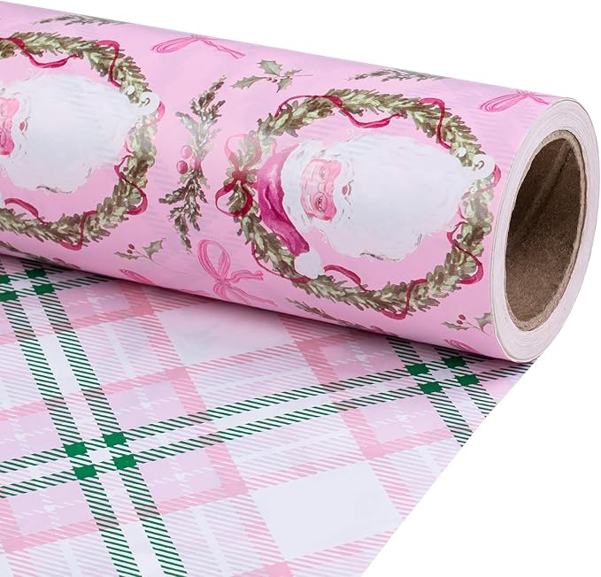 RUSPEPA Reversible Christmas Wrapping Paper Roll, Mini Roll, Pink Santa Claus, Floral Wreath, Bow Design, Green Pink Plaid Gift Wrap for Girls, Kids, Family, Holiday Gifts, 17 Inches x 32.8 Feet