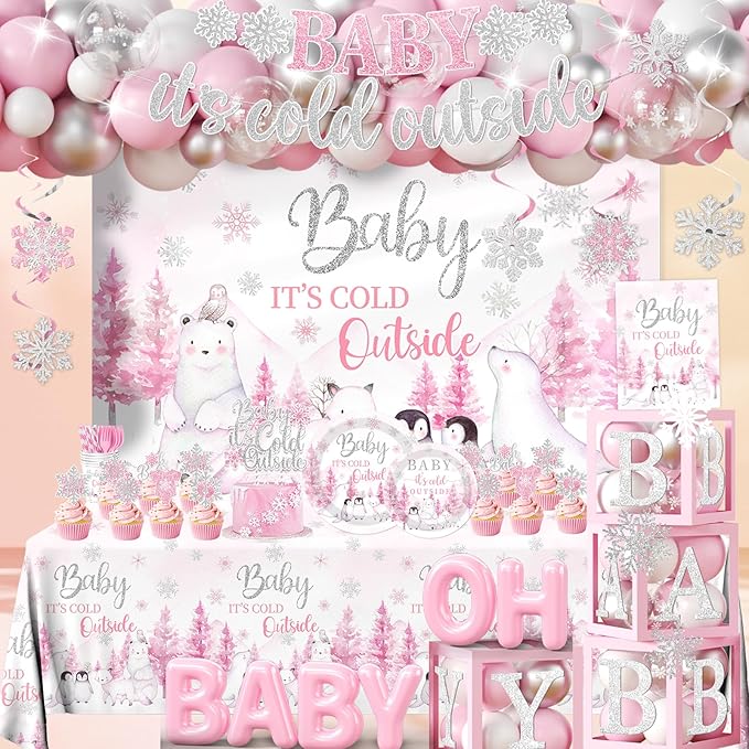 Baby Its Cold Outside Baby Shower Decorations,Pink Winter Wonderland Baby Shower Decorations Plates Napkins Cup Backdrop Banner Swirls Tablecloth Balloons Box for Girl Winter baby shower Decorations