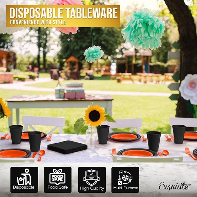 350 Pcs Orange & Black Plastic Plates For Party, Orange & Black Disposable Plates Set, 50 Of Each 9" Dinner Plate Set, 7" Dessert Plate, Cups, Napkins & Cutlery Plastic Dinnerware Party Solids