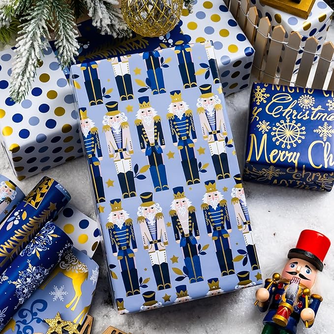MAYPLUSS Nutcracker Christmas Gift Wrapping Paper - 17 In x 120 In Per Roll - Reversible Magic Navy Nutcracker, Midnight Snowflake, Tree Design Seasonal Gift Wrap Paper for Holiday, Christmas Ornament