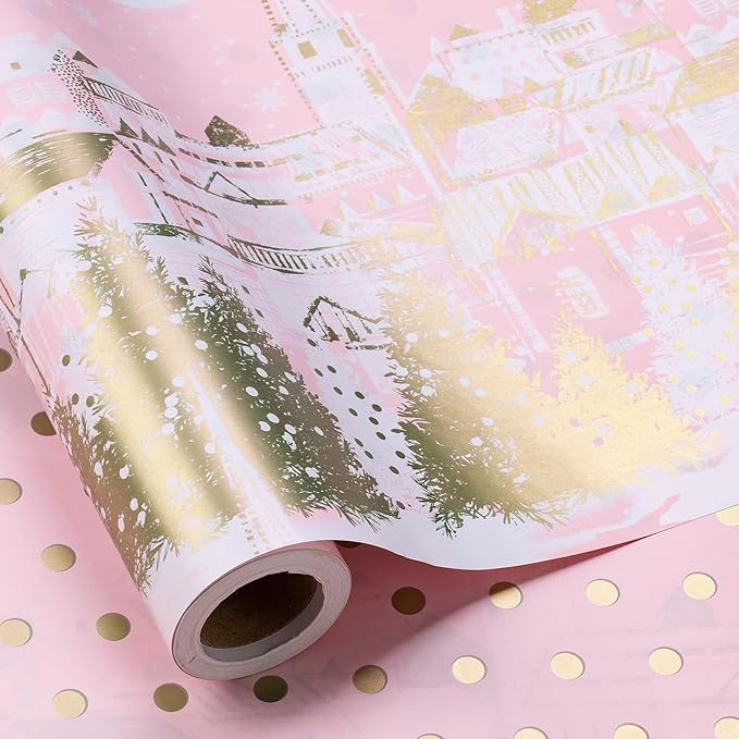 RUSPEPA 30" X 32.8' Reversible Christmas Wrapping Large Paper Roll, Jumbo Roll, Pink Gold Winter Landscape with Snowflake Pattern, Gold Polka Dot Design Gift Wrap for Girls, Women, Xmas Holiday Gifts