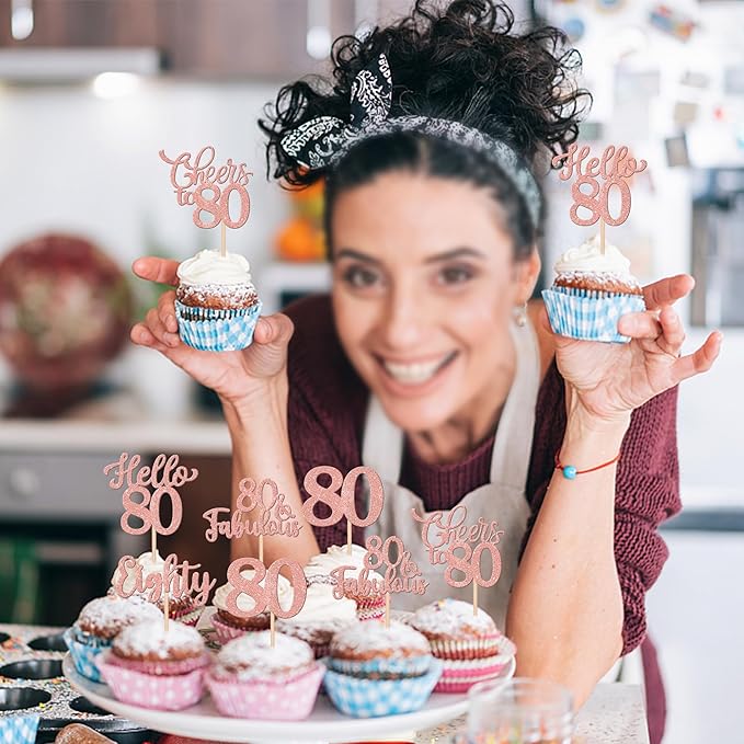 30PCS Happy 80th Birthday Cupcake Toppers Glitter Eighty Cheers to 80 Years Old Birthday Cupcake Picks Hello 80 Fabulous Cake Decorations for Happy 80th Birthday Anniversary Party Supplies Rose Gold