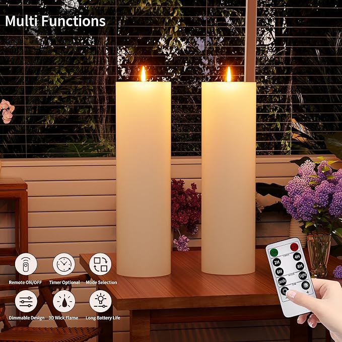 14" x 4" Large Outdoor Candle with Timer Waterproof Flickering LED Flameless Candle Battery Operated with Remote Fake Pillar Candle Realistic for Patio Porch Lantern, Ivory 1 Pack