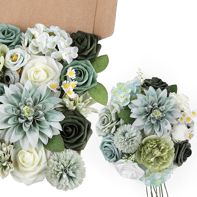 AmyHomie Forest Sage Green White Artificial Flowers Combo Silk Rose Fake Flowers w/Stem for DIY Wedding Bouquets Centerpieces Arrangements Table Fall Decor Party Bridal Baby Shower Home Decorations