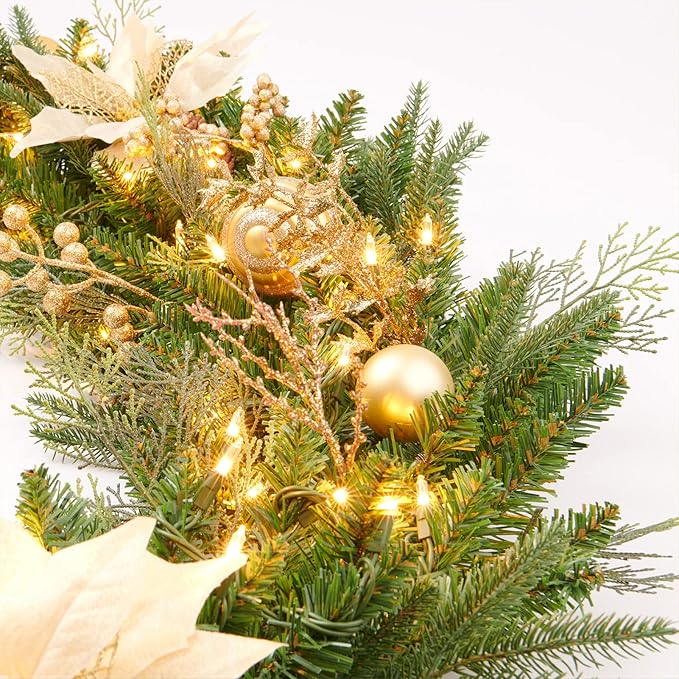 Pre-lit 9ft Christmas Garland with Gold Berries and Balls,Pine Cone,Golden Flower and 50 Battery Operated Soft White LED Lights with Timer,Artificial Holiday Decoration Door Outdoor