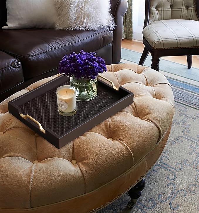 HofferRuffer Faux Leather Rectangle Serving Tray Decor Platter with Gold Metal Handles for Coffee Table, Breakfast, Tea, Food, Countertop, Kitchen, Butler Tray, 16.2 x 12.2 x 2 inches (Coffee)