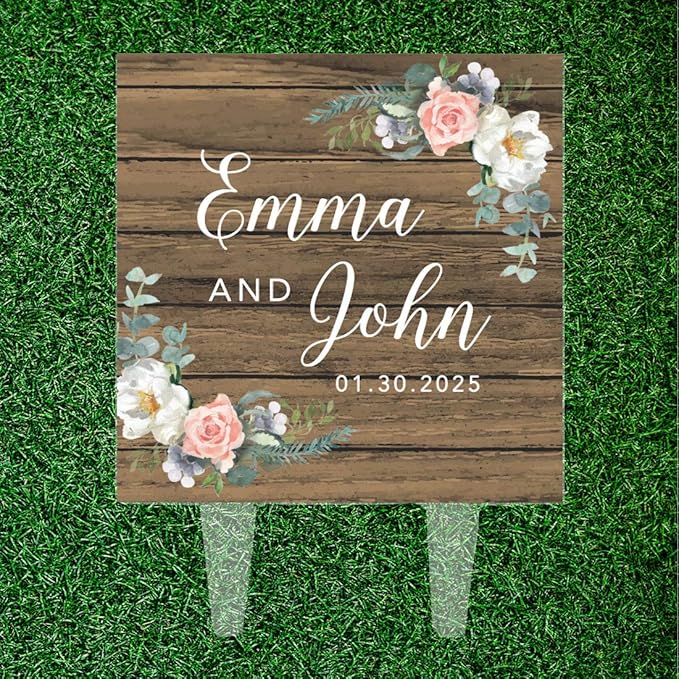 Andaz Press Rustic Wood Custom Wedding Cake Topper, Acrylic Square Personalized Couple Cake Topper