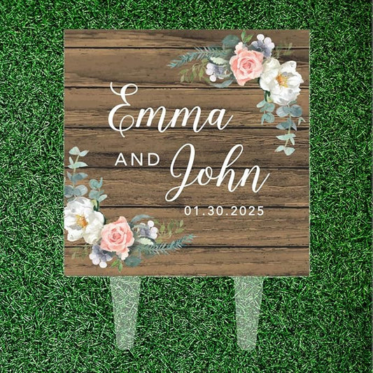 Andaz Press Rustic Wood Custom Wedding Cake Topper, Acrylic Square Personalized Couple Cake Topper
