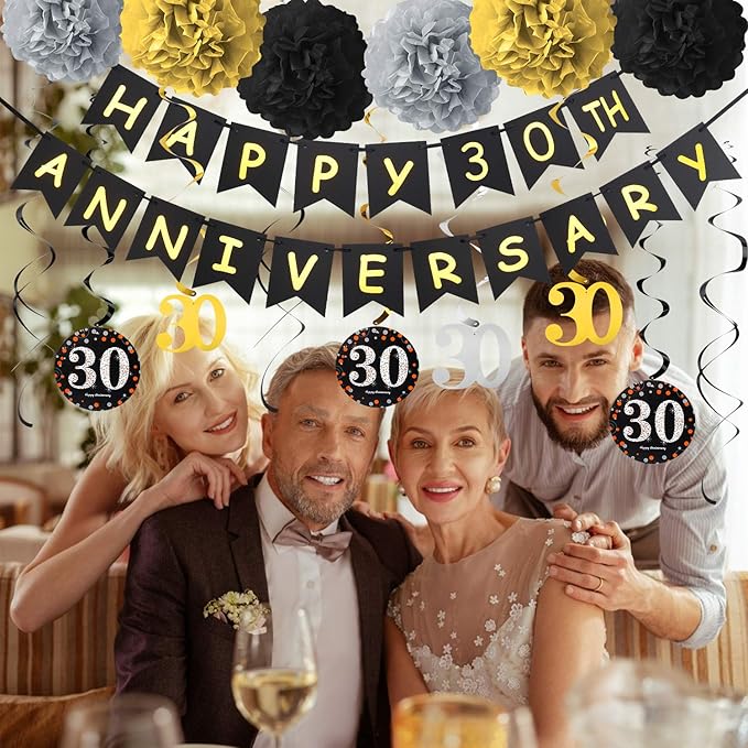 Yoaokiy 30th Anniversary Party Decorations Kit - Gold Happy Banner, 9 Hanging Swirls, 6 Poms for Wedding Celebration Supplies