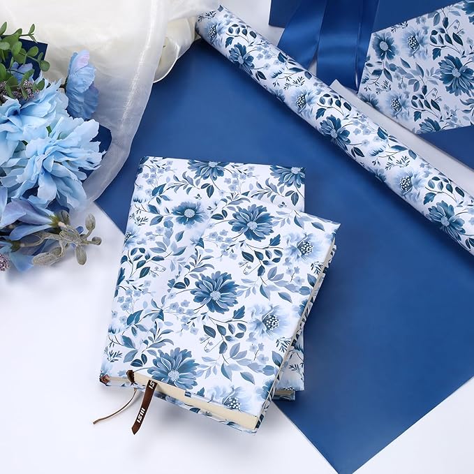 LaRibbons Reversible Blue Floral Wrapping Paper Roll, 17 Inch x 33 Feet (46.7 Sq. Ft), Blue White Peony Design Chinoiserie Gift Wrap for Wedding, Bridal Shower & Birthday