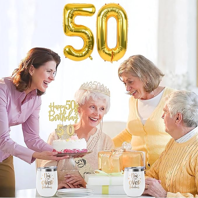 50th Birthday Decorations for Women Gold with 50th Birthday Sash and Tiara, Cake Topper and Candles, Number Balloons, 50 Year Old Gifts for Women
