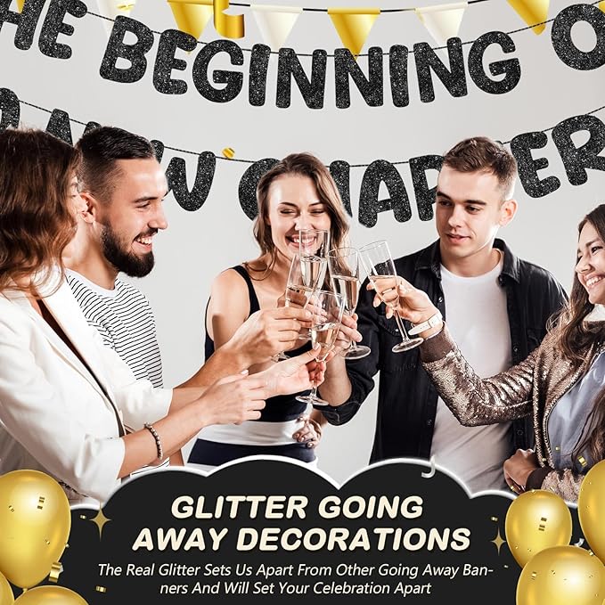 Fulmoon Pre Strung the Beginning of a New Chapter Banner, Glitter Graduation Party Decorations, Happy Retirement Supplies, Going Away Farewell New Home Job Change Party Sign Garland(Black)