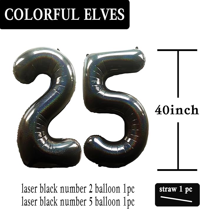 Laser Black Number 25 Balloons 40 Inch Giant Number Black 25 Foil Mylar Balloons for 25th Birthday Anniversary Events Party Decorations