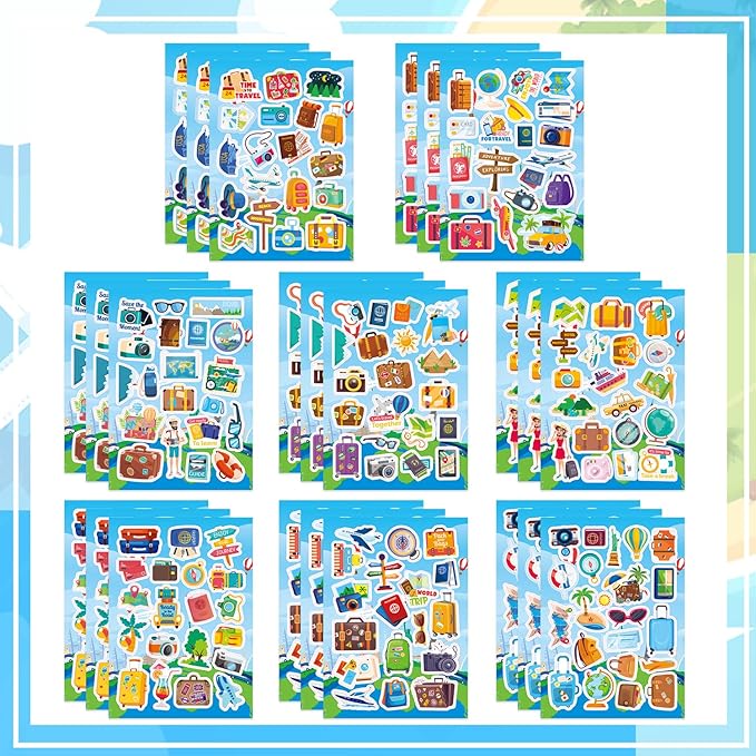 24 Sheets Travel Stickers for Kids, 470Pcs Outdoor Stickers Summer Crafts Sticker Sheets for Reward Water Bottles Scrapbooking Gifts Bags Cards Decor Party Favors Supplies