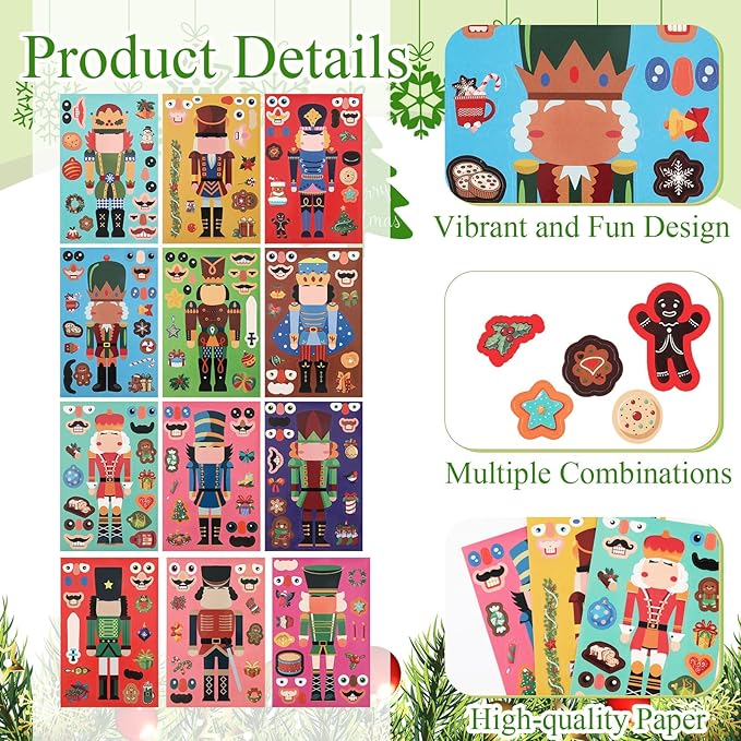 48 Sheets Christmas Nutcracker Fun Sticker Set Make a Face Toy for Kids Create Your Own Faces Nutcracker Ornament Xmas DIY Craft Self Adhesive Decal Gift Bag Stuffer Classroom Party Favor