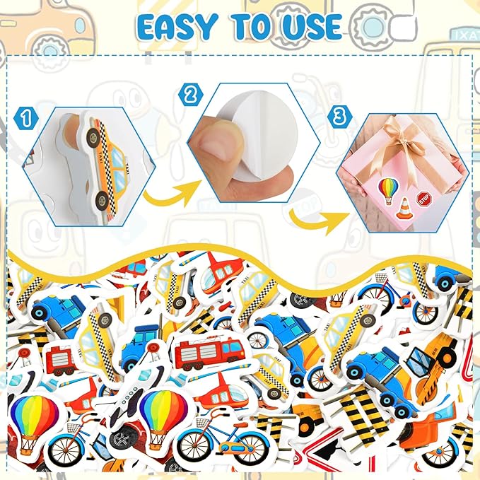 300Pcs Transportation Foam Stickers, Self-Adhesive Truck Cartransportation Stickers Car Foam Decals Sticker Decorations for Home Office School Classroom DIY Art Craft Party Supplies