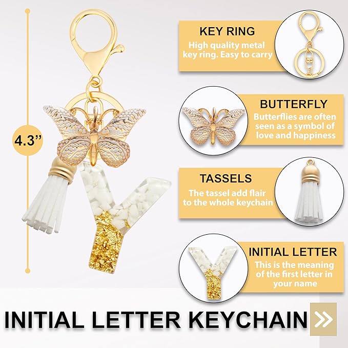 Initial Letter Keychain, Butterfly Keychain Cute Resin, Initial Keychain Backpack Charms, Key chain for Women, Girls