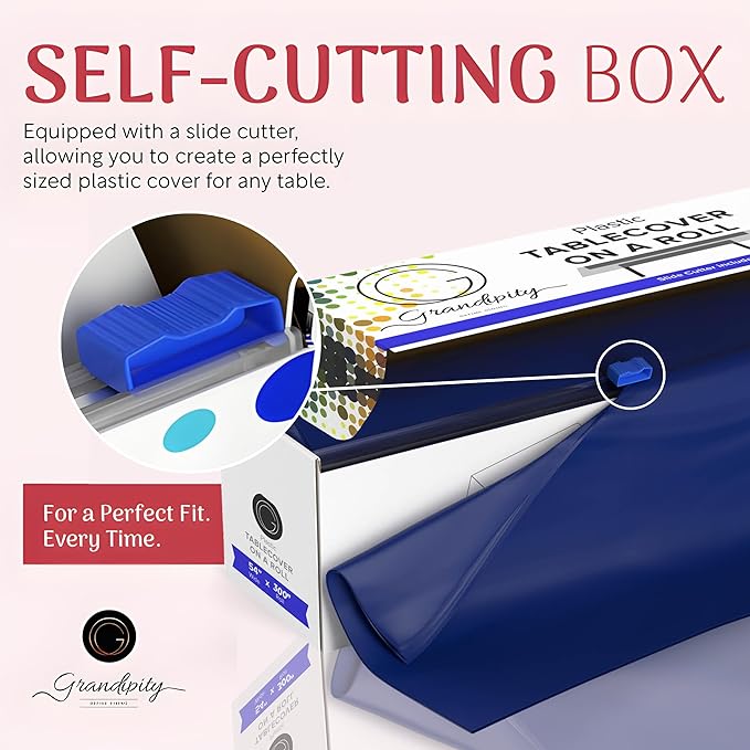 Grandipity Plastic Tablecloth Roll - 54in x 300 Ft. Navy Blue Plastic Table Cloths for Parties Disposable with Cutter Box - Cut to Size Disposable Tablecloth Table Cover for Rectangle & Round
