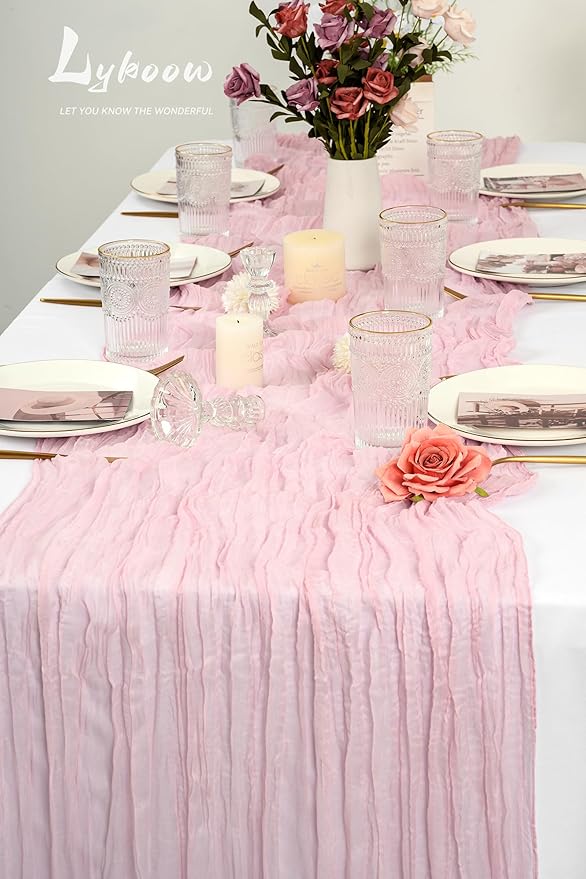 10 Packs Pink Cheesecloth Table Runner Baby Pink, 35x120 inch Rustic Gauze Boho Wedding Table Runner Decoration, Wedding Table Decor Table Cloth for Wedding Party Bridal Shower Table