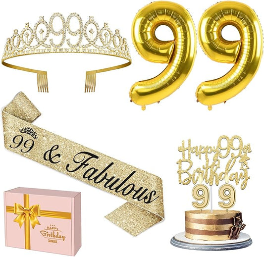 99th Birthday Decorations for Women Gold with 99th Birthday Sash and Tiara, Cake Topper and Candles, Number Balloons, 99 Year Old Gifts for Women