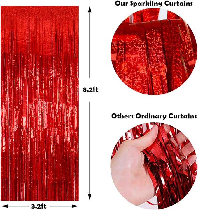 Foil Fringe Curtains Thanksgiving Decorations Red Streamers Party Decorations - Melsan 3 Pack 3.2 x 8.2 ft red Fringe Backdrop Party Photo Backdrop for Back to School Birthday Party Baby Shower