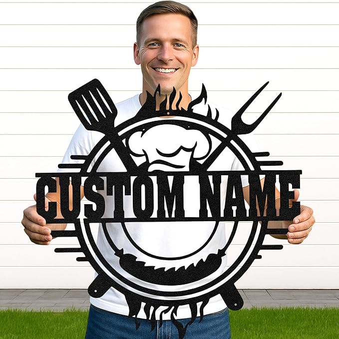 Custom BBQ Metal Sign Personalized Grill Name Wall Art for Outdoor Kitchen Patio Backyard Decor Fathers Gift for Dad Grandpa Husband Barbecue Smoker Area Sign, Grilling Lover Gifts 30