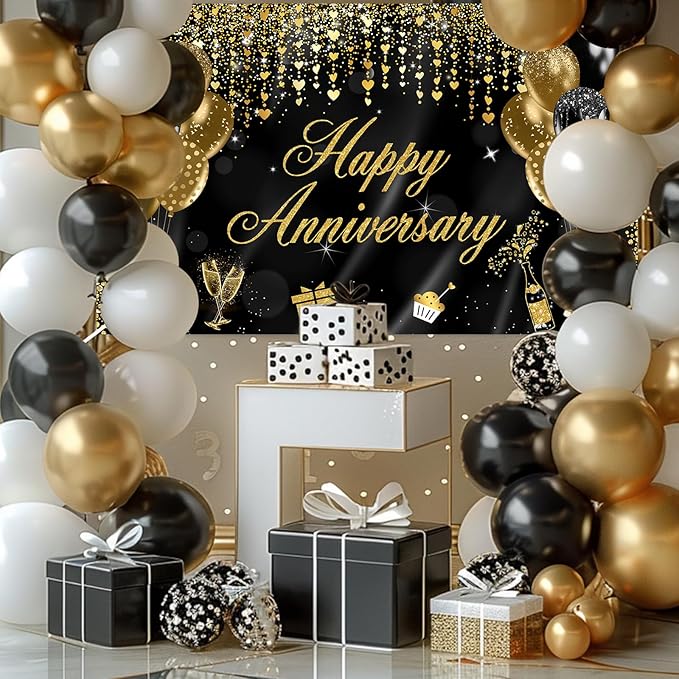 Avezano Happy Anniversary Banner Decorations for Wedding, Bridal Shower, Party - 70.8 x 43.3 Inch (Black and Gold)