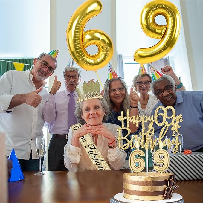 69th Birthday Decorations for Women Gold with 69th Birthday Sash and Crown, Cake Topper and Candles, Number Balloons Gold, 69 Year Old Gifts for Women