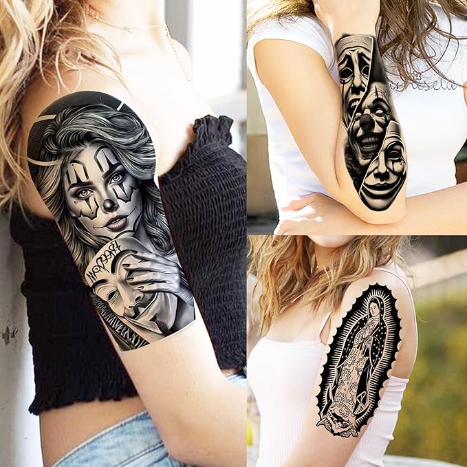 73 Sheets Halloween Chicano Temporary Tattoos For Women Men Adults Cholo Chola, Our Lady of Guadalupe Tattoo Stickers Religion, Chicana Gangster Prisoner Mexico Culture Joker Fake Tattoo Jesus Christ