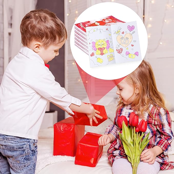 BenLouis 24 Valentines Day Mini Coloring Books Kids with 24 Stacking Crayons Valentines Day School Party Favors Activity Books Bulk for Kids Valentine's Day Goodie Bag Gift Stuffer Classroom Reward