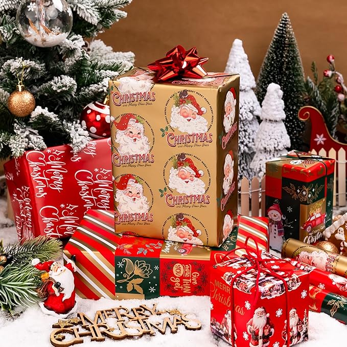MAYPLUSS Reversible Christmas Wrapping Paper Rolls - 17" X 120" Per Roll - Classic Vintage Funky Red Santa Claus Wrap Present Paper for Festive Celebrations